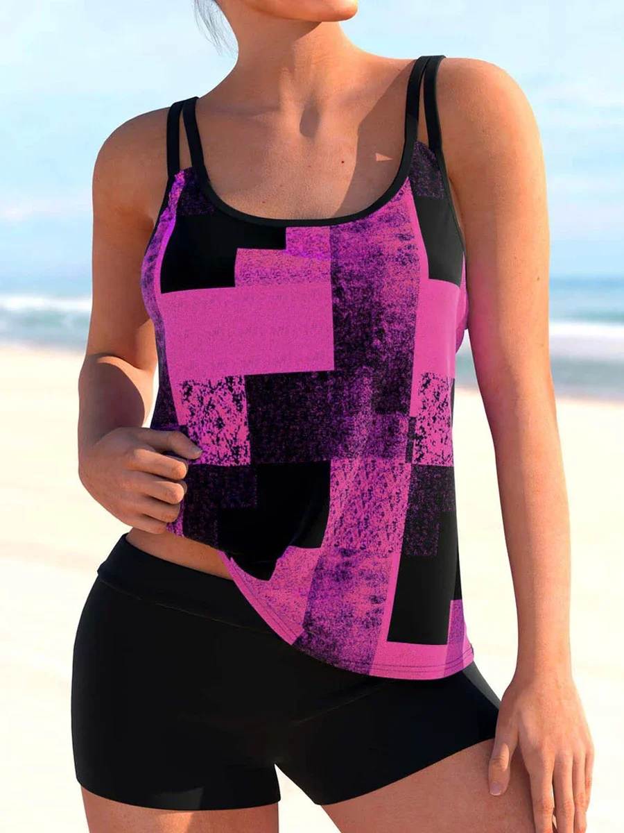 Bañador Tankini con estampado colorido para mujer, traje de baño con tirantes para el hombro, ropa de playa deportiva, verano, 2 piezas