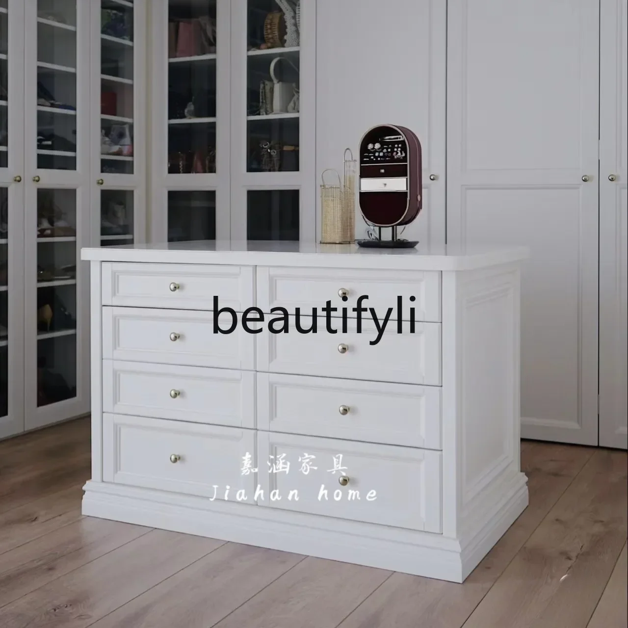 

American cream style cloakroom solid wood middle island cabinet simple modern jewelry display cabinet bedroom chest cabinet0420
