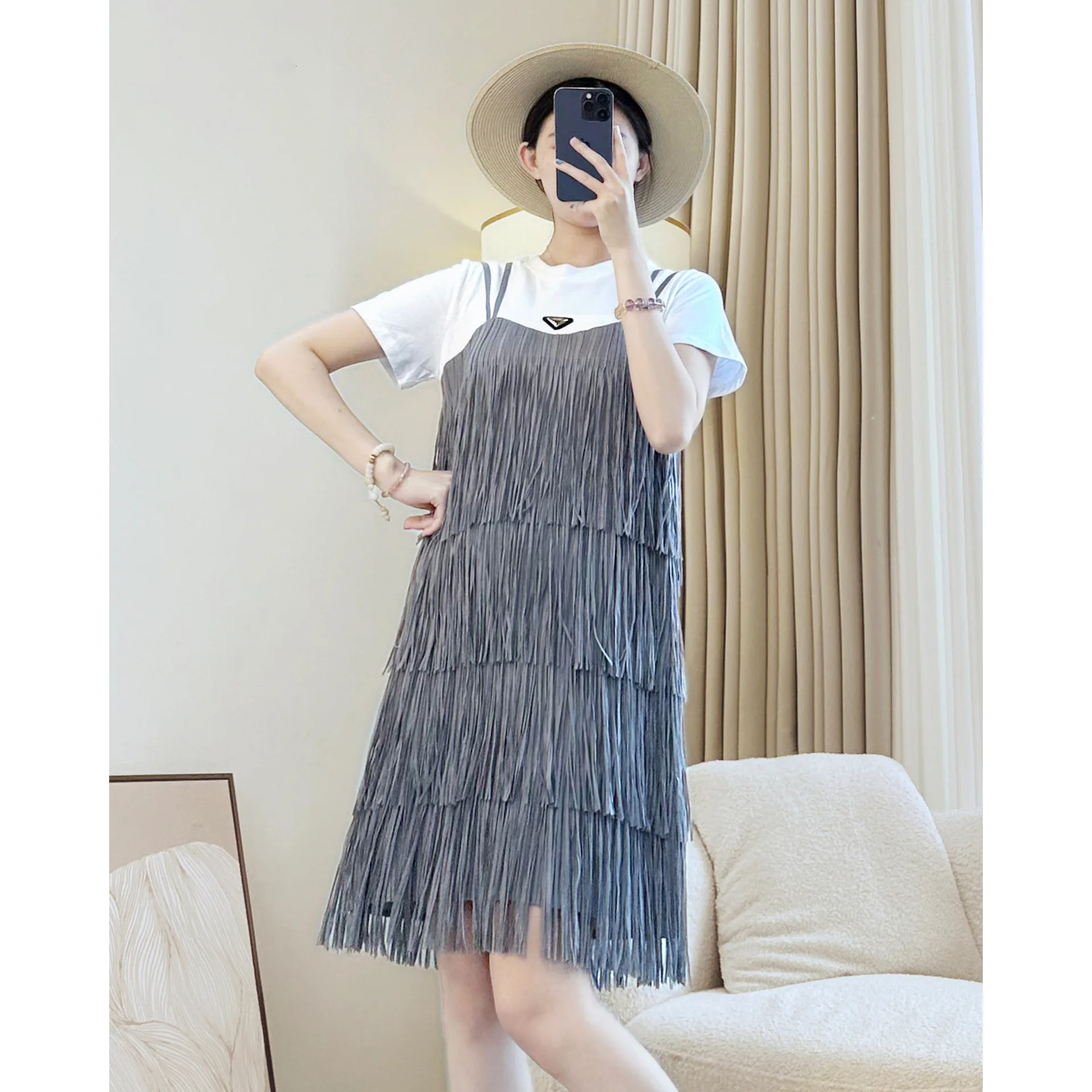

Miyake Pleated Solid Color Dress for Women in Summer Fashion High-end Purple Tassel Skirt Stretch Large Size Women's Skirt