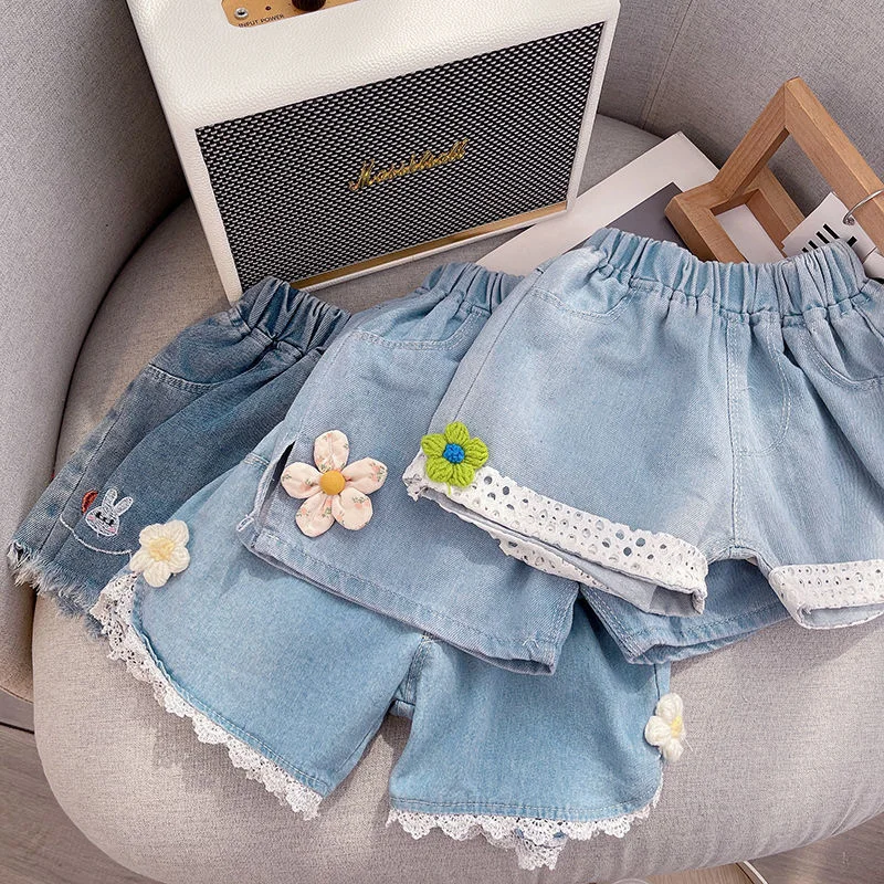 

18M-7Y Summer Girls Short Pants Denim Shorts Baby Children 3D Flower Lace Edge Cartoon Hot Pants