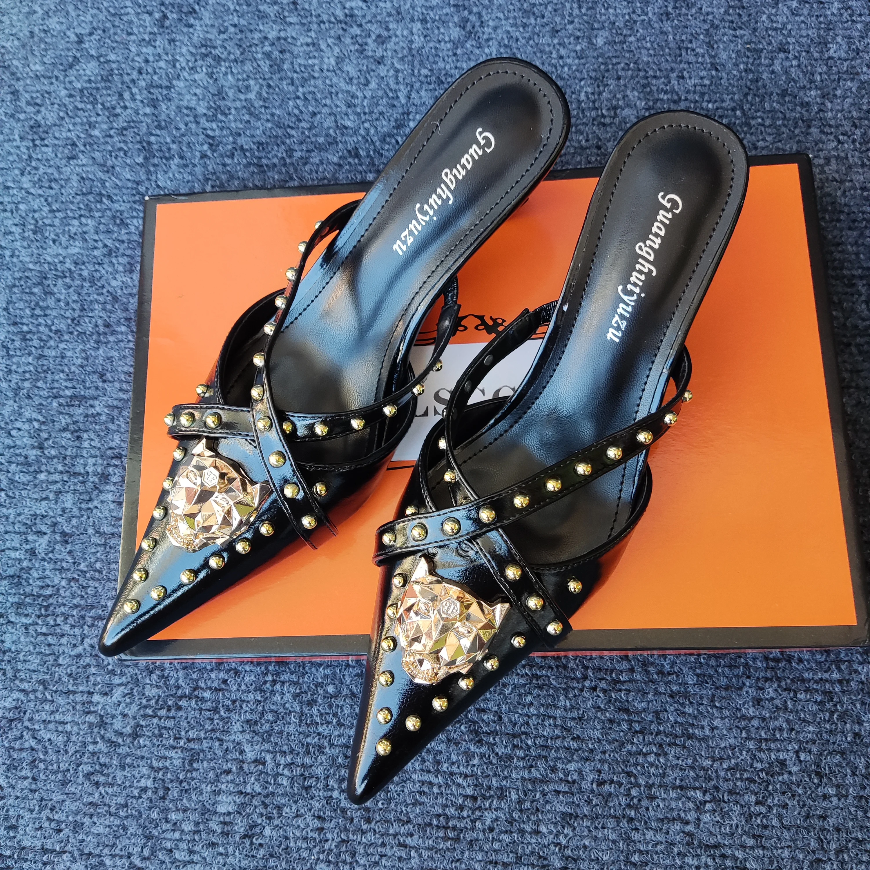 

Elegant Leather Mules Pointed Toe Stylish Rivet Embellished High Heel Sandals Sophisticated Party Evening Shoes Footwear 35-39