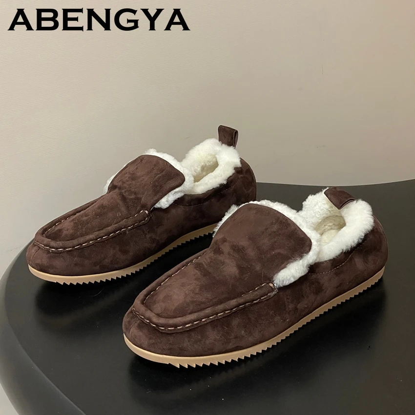

2025 Winter Wool Lining Snow Boots For Women Round Toe Suede Leather Slip On Lazy Shoes Casual Warm Fur Flat Loafers Shoes Mujer