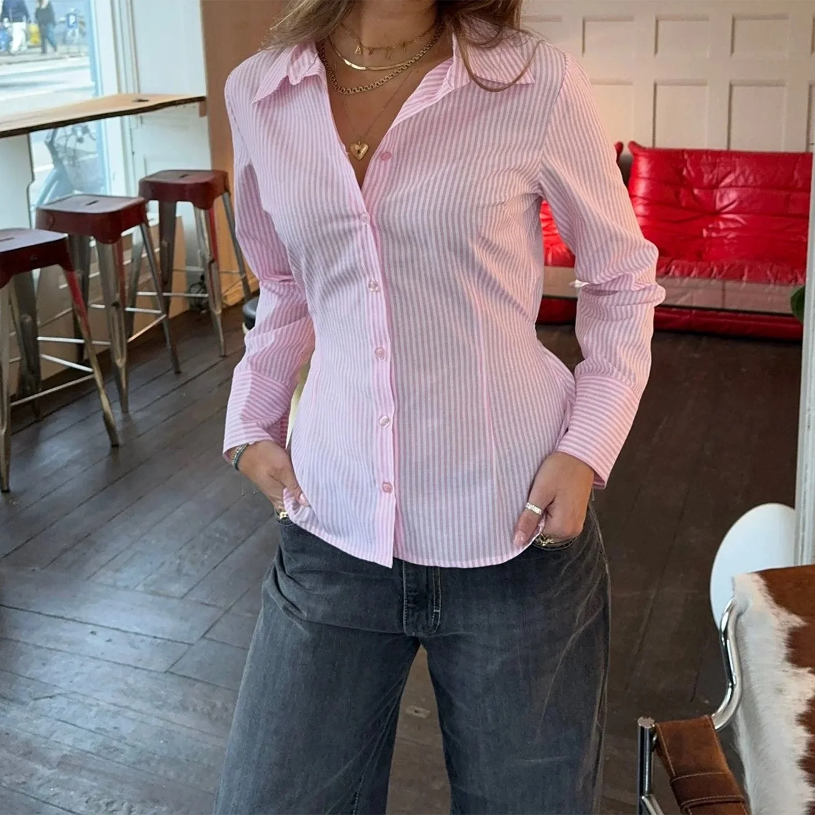 قمصان نسائية ريترو مخططة عصرية بأكمام طويلة وياقة مقلوبة وأزرار سفلية وبلوزة بقصة ضيقة