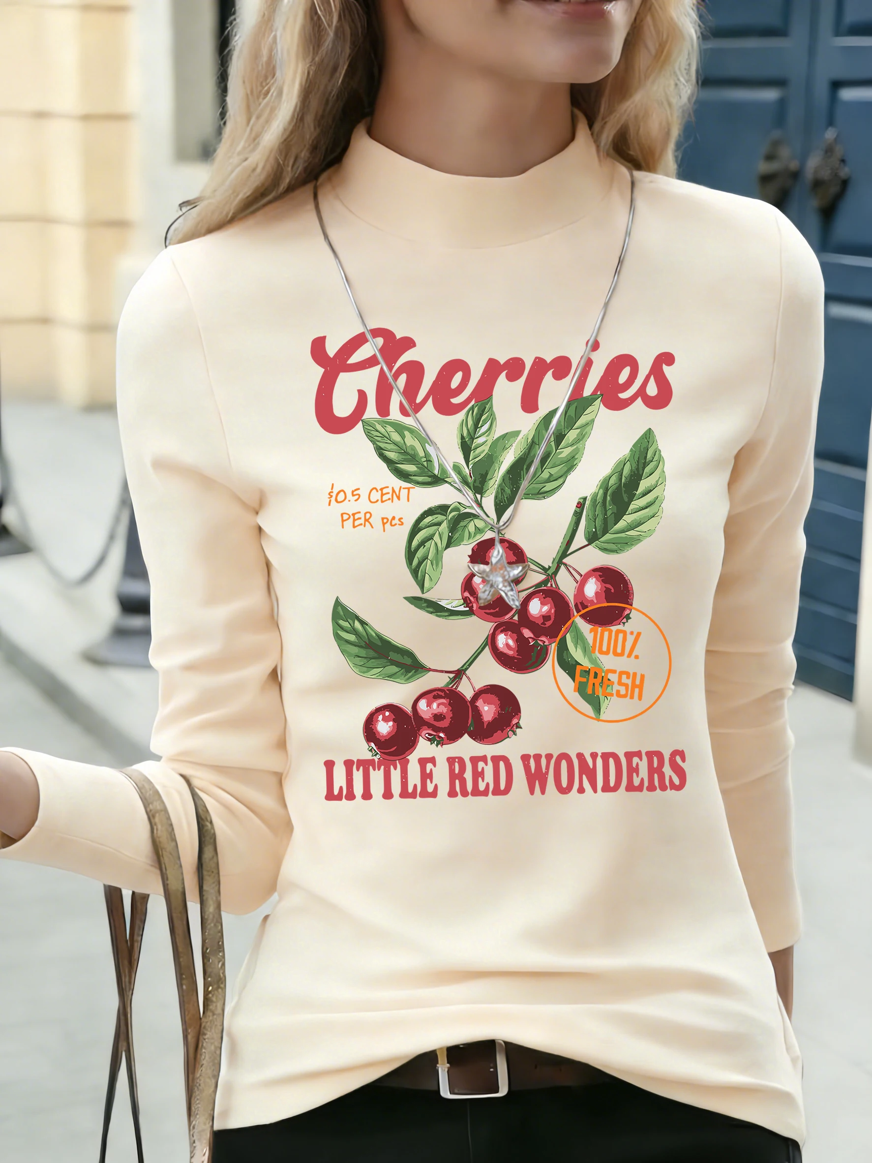 

Женская футболка с высоким воротником и длинным рукавом Cherries Little Red Wonders, пуловер + 100% оригинальная одежда, повседневный теплый топ в стиле K-Fashion