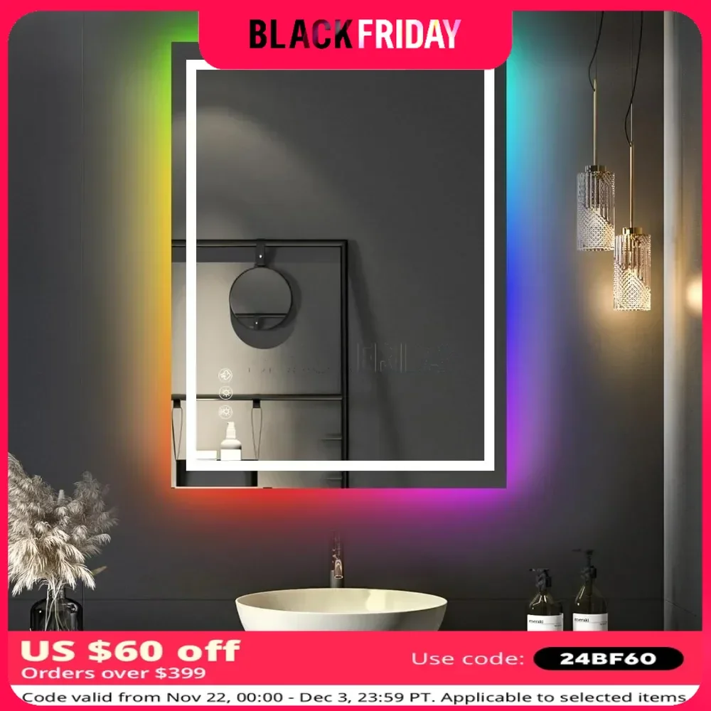 

36x48 RGB LED Bathroom Mirror with Lights, Backlit, Shatter-Proof Lighted Vanity Mirror for Wall, Memory Function