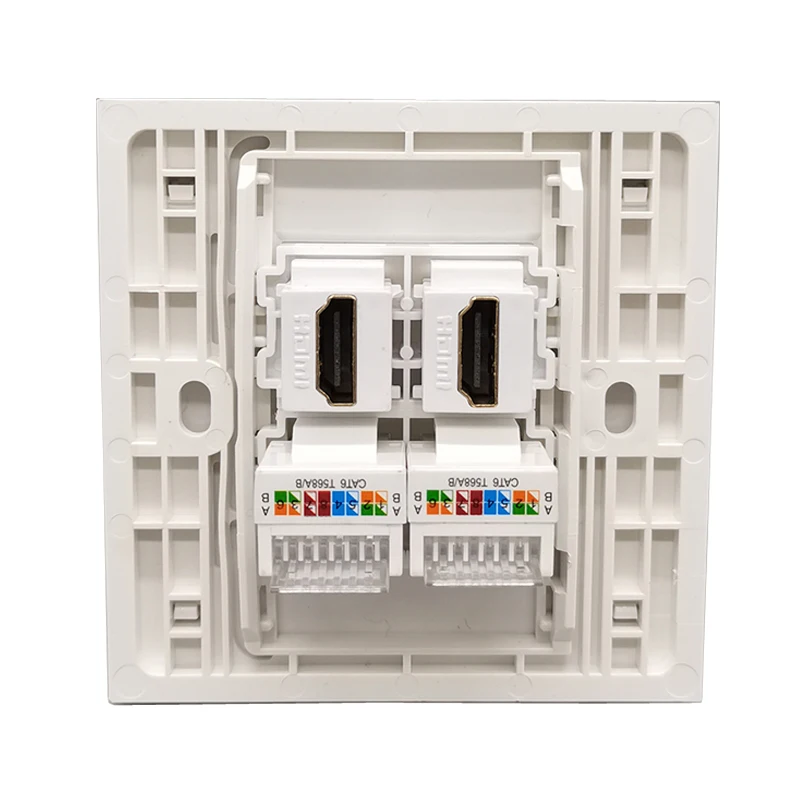 Two Ports CAT6 RJ45 LAN Socket With 2x HDMI2.0 Female Plug Wall Panel In White Color