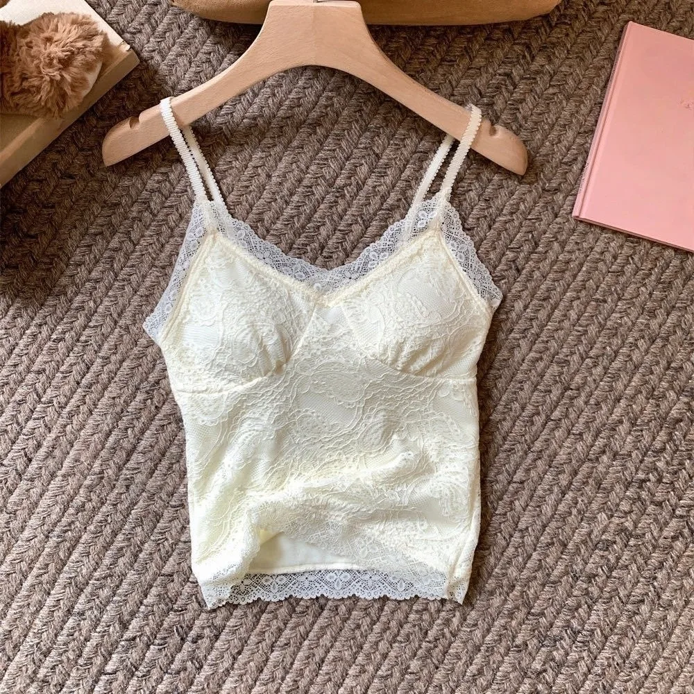 Top corto de encaje ajustado con flores de malla, camisa de fondo dulce, chaleco para niña, camisola picante con forro polar para niña con almohadillas para mujer