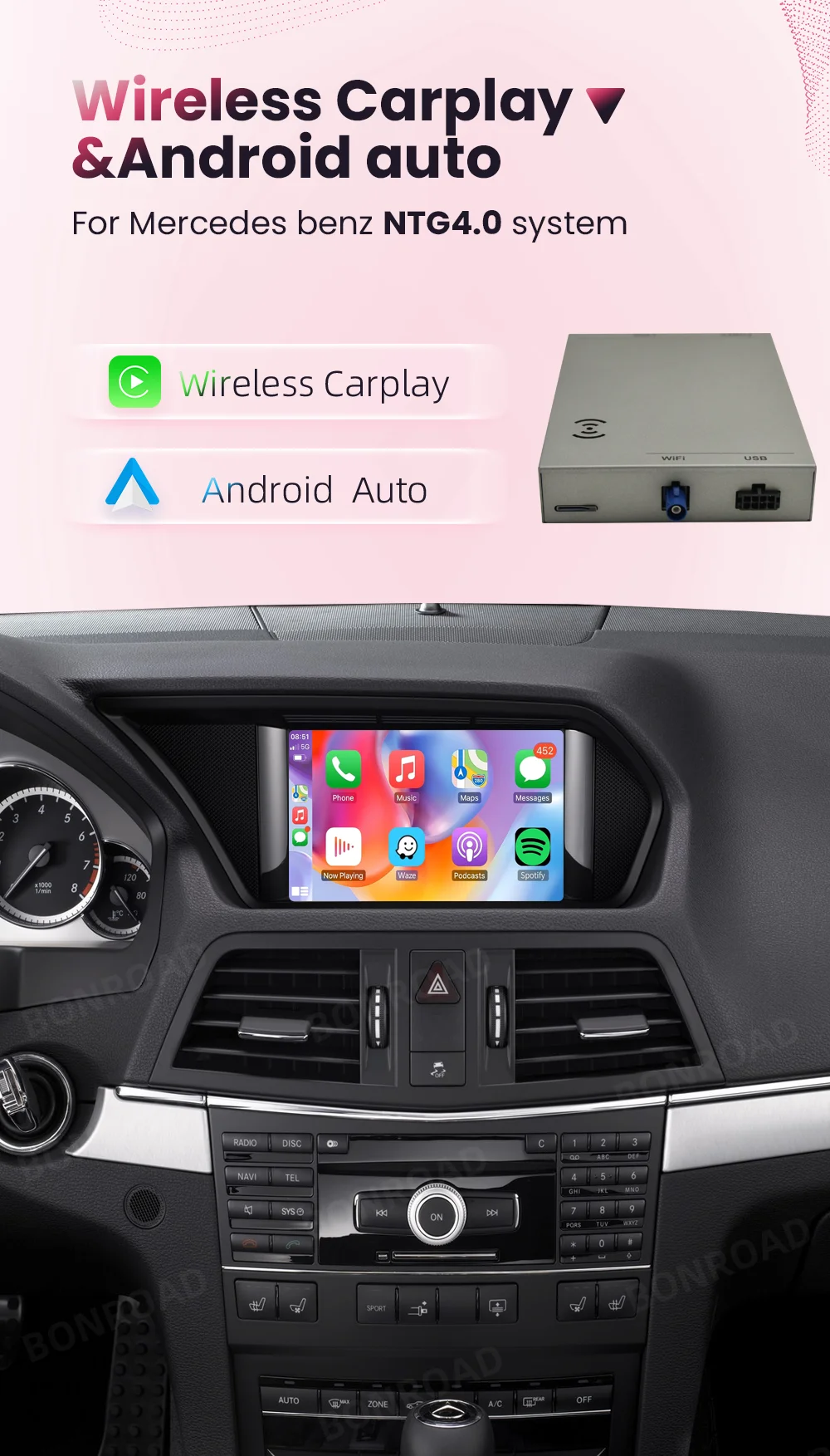 BONROAD Drahtlose CarPlay Android Auto Interface Modul Für Benz GLK E C klasse W204 SLK Mit Bluetooth Spiegel Link Adapter – Detail 1