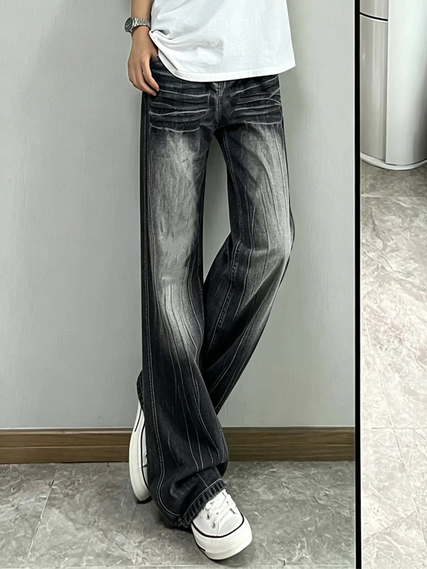 Cleanfit Men's Jeans High Street Straight Leg Slimming Knife  Black Gradient Lightning Pattern Micro Flared Denim Pants
