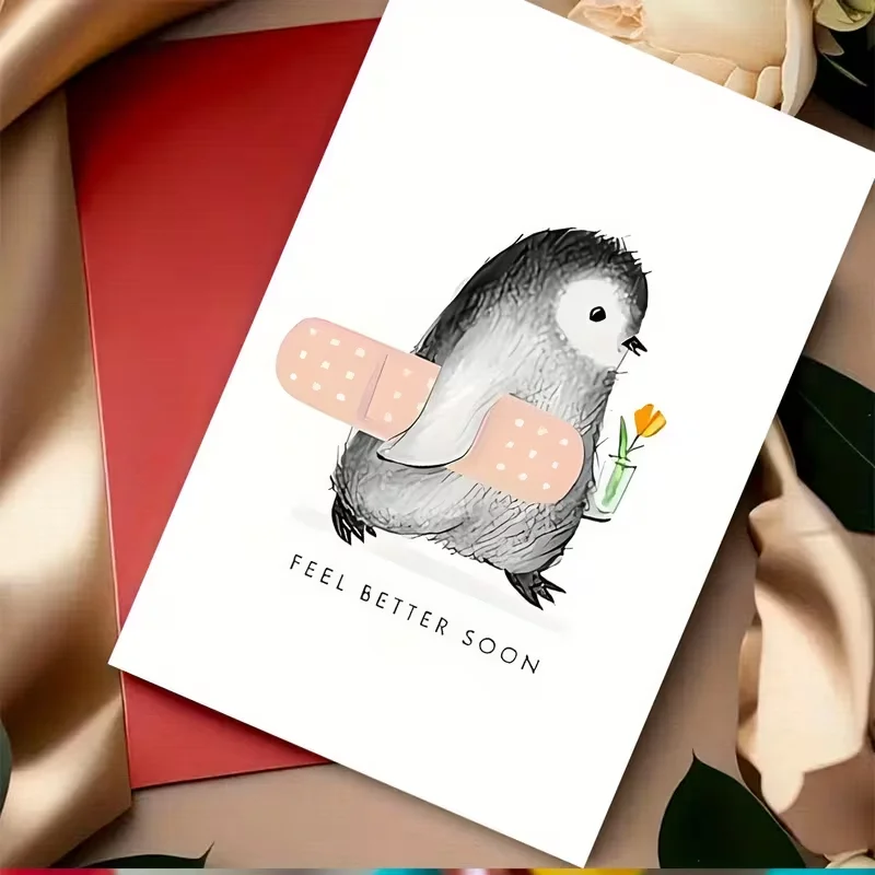Carte d'encouragement amusante avec pingouin, pingouin mignon tenant une fleur et des tulipes, idéale pour la famille, les amis, les camarades de classe comme cadeau de rétablissement.