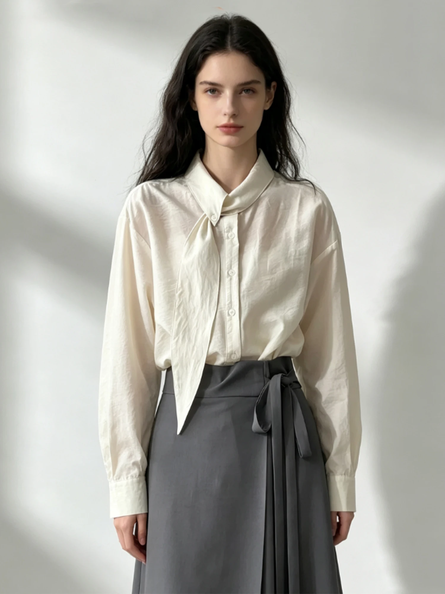 Women's Apricot Blouses and Shirts Scarf Collar Long Sleeve Blouse Korean Y2k Gyaru Vintage Loose Shirt for Women Spring Autumn