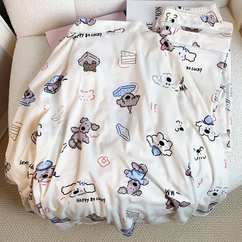 Korean Cartoon Cute Happy Puppy Print Women\'s Pajamas Ins Kawaii Sweet Chic Sleepwear 2024 New Autumn Winter Milk Silk Nightwear