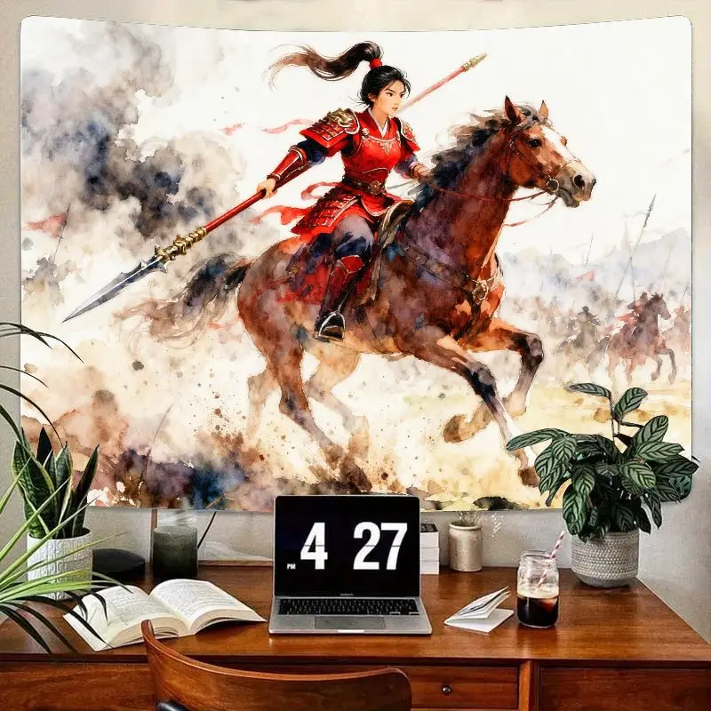 

1PC Ancient Chinese Female Warrior Horseback Tapestry, Epic Watercolor Art Polyester Wall Decor for Living Room Bedroom Dorm Gif