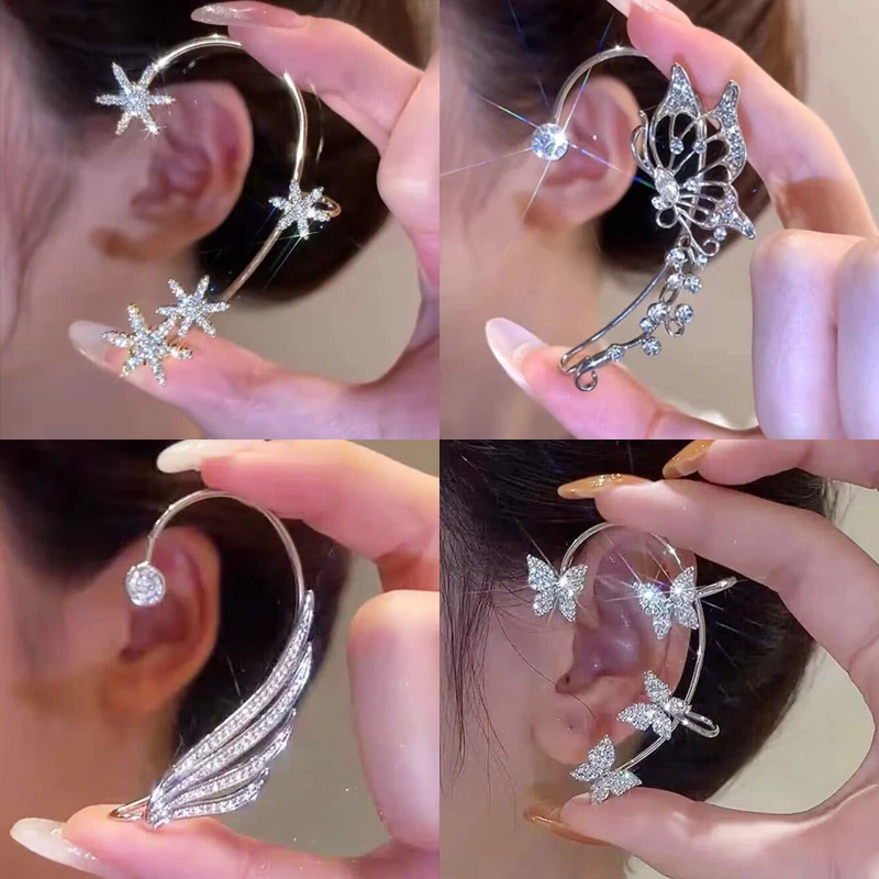 Pendientes de Clip de mariposa de estrella de lujo para mujer, borla de cristal, Clip de oreja, puño de oreja de circón brillante, accesorios de joyería de moda