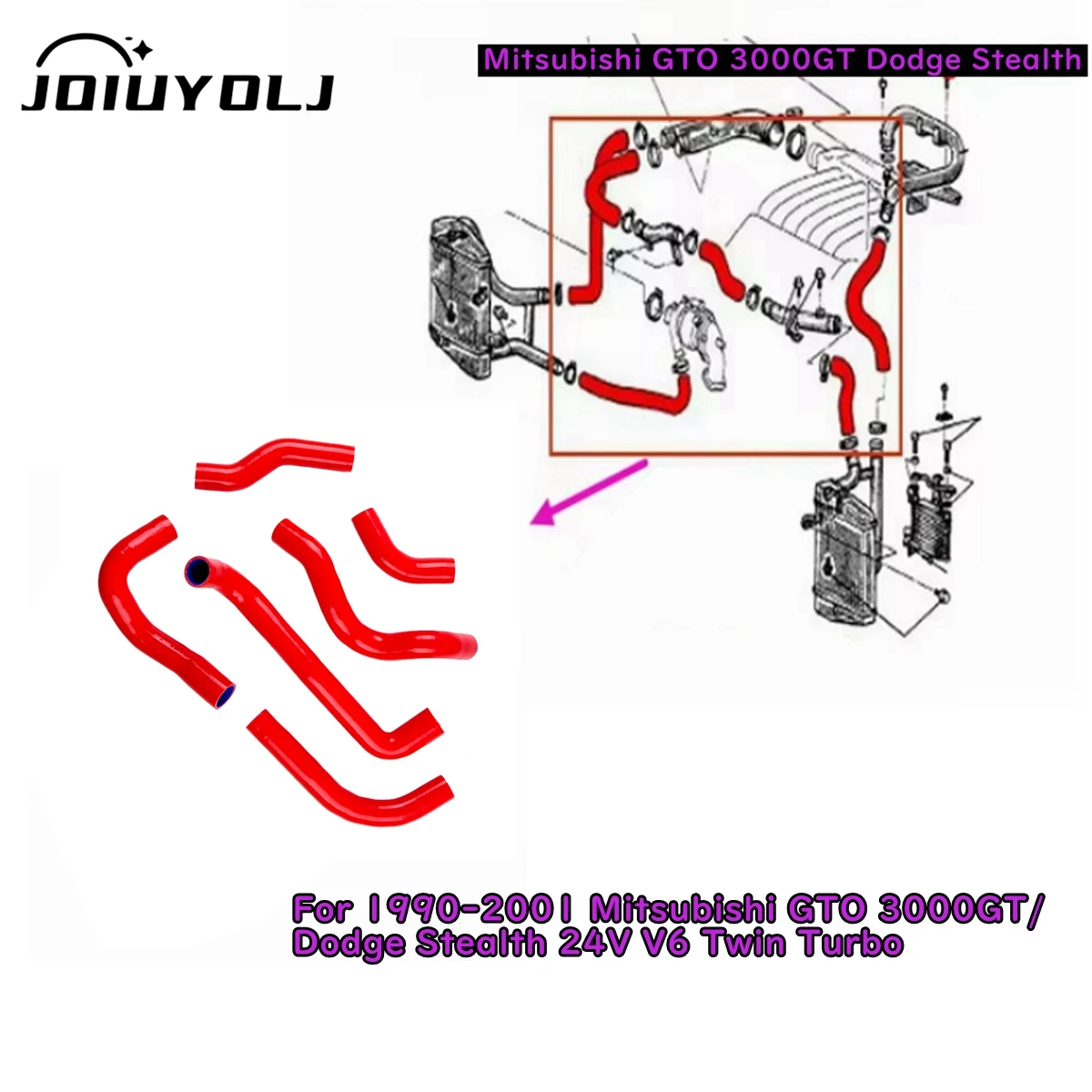 

6pcs For Mitsubishi GTO 3000GT 1990-2001(1991-1996 Dodge Stealth) Silicone Red Intercooler Hose kit 4Ply