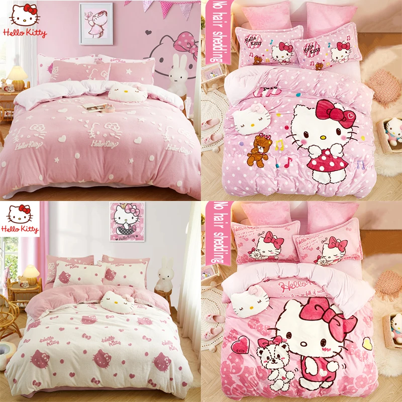 Sanrio Hello Kitty Autumn Winter Bedding Set Milk Velvet Four Piece Set Sheet Quilt Cover Thickened Coral Velvet Home Textile