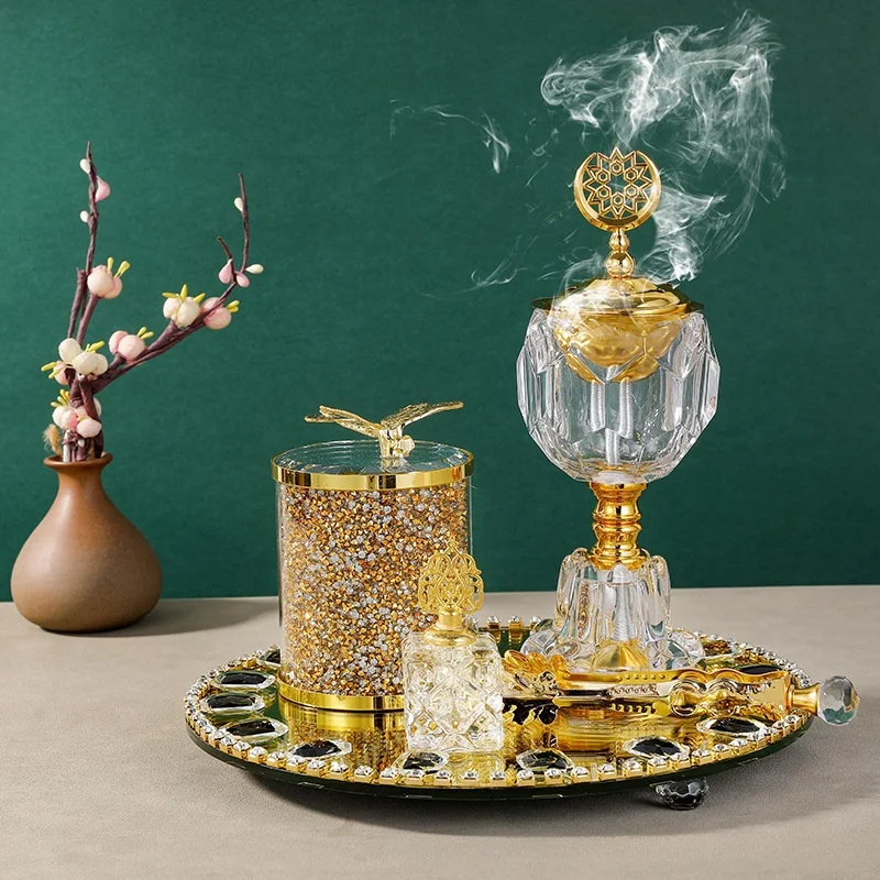 

Arabic Incense Burner Set, Golden Plate, Middle Eastern Style Ornaments, Crystal, Spice Jar, Essential Oil Bottle, Gift