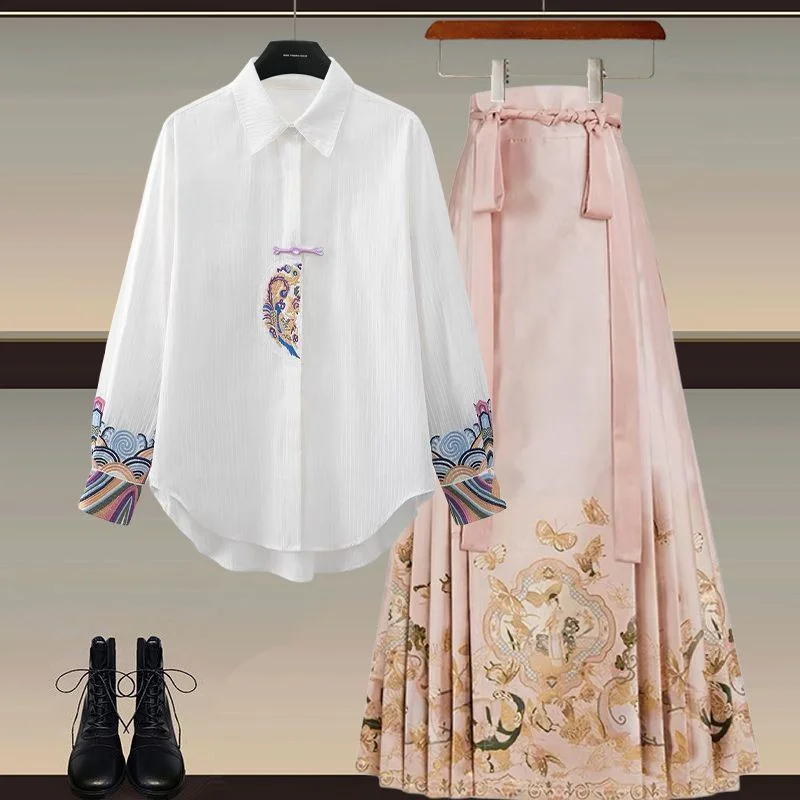 

Новый комплект в китайском стиле: рубашка-ханьфу и юбка-трапеция для женщин – элегантный, универсальный, стройнящий традиционный костюм из двух предметов