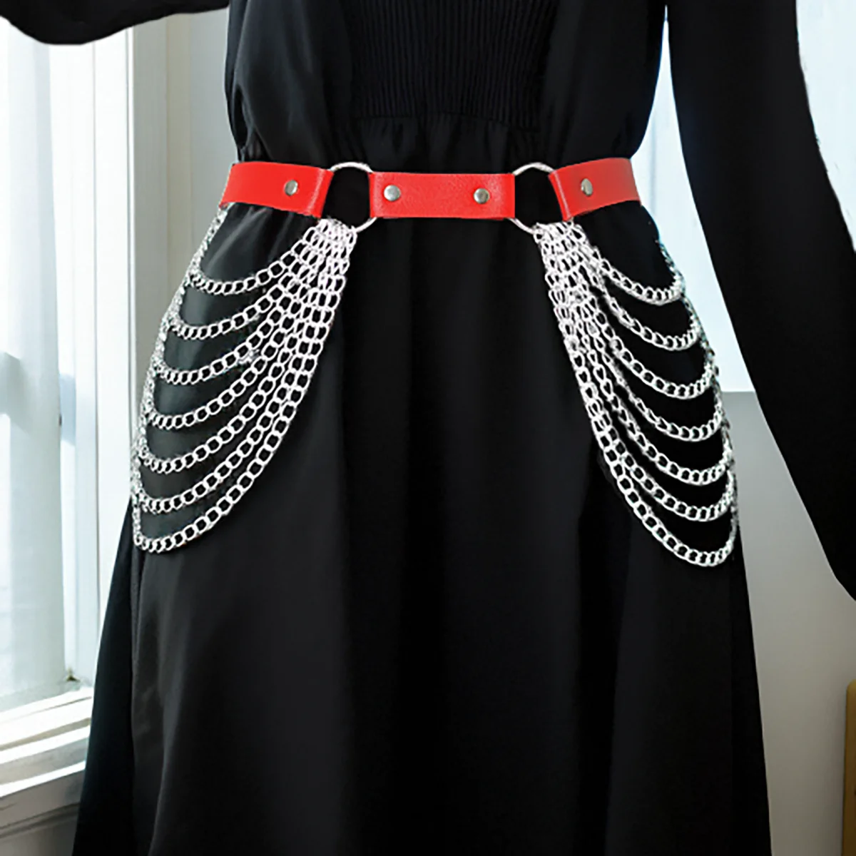 Red Sexy Leg Harness Women Gothic Leather Lingerie Thigh Garter Belt with Chain Harness BDSM Fetish Exotic Clothing Accessorie