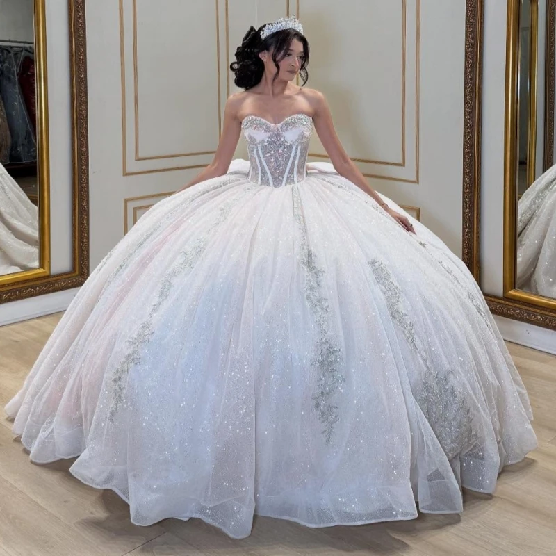 

Ivory Shiny Quinceanera Dresses Off The Shoulder Applique Lace Beading Crystal Bow Corset Tull Party Birthday Sweet 16 Dress Ves