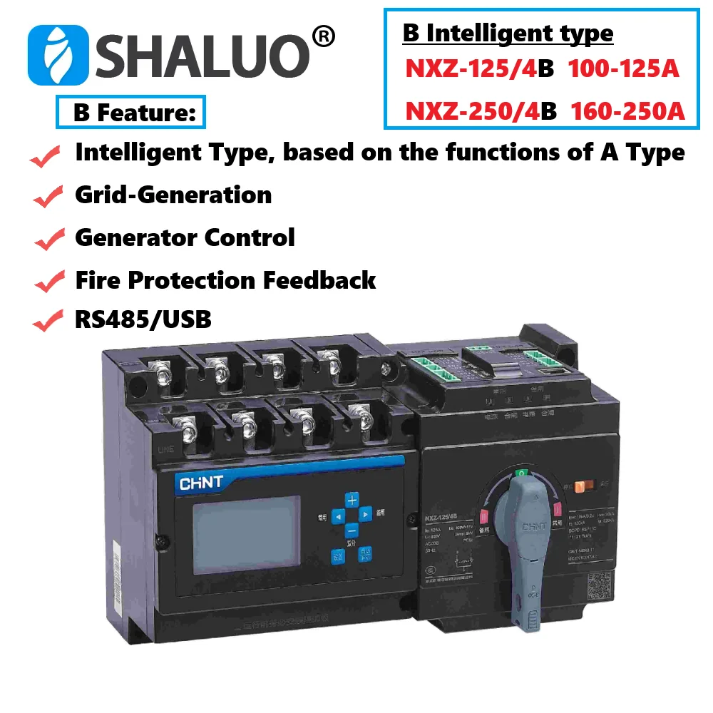A/B Type CHNT ATS 100A 125A 250A 4P Dual Power Automatic Transfer Switch With LCD Display Control Panel NXZ-125/4A NXZ-250/4B