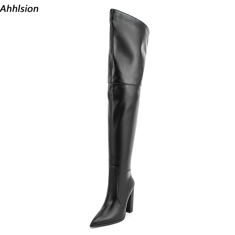 

Ahhlsion New Women Winter Thigh Boots Matt Unisex Chunky Heels Pointed Toe Black Party Ladies Shoes Plus US Size 5-9.5