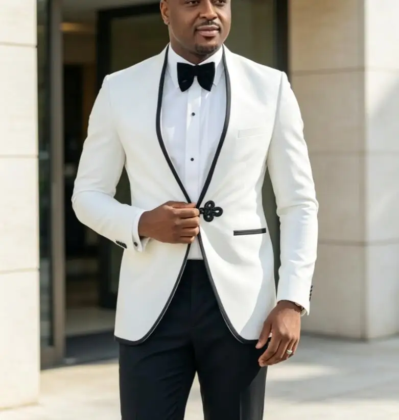 White Formal Wedding Suits for Men Formal Groom No Collar One Button Slim Fit Tuxedos Party 2 Pieces Suit Fashion Jacket Pants