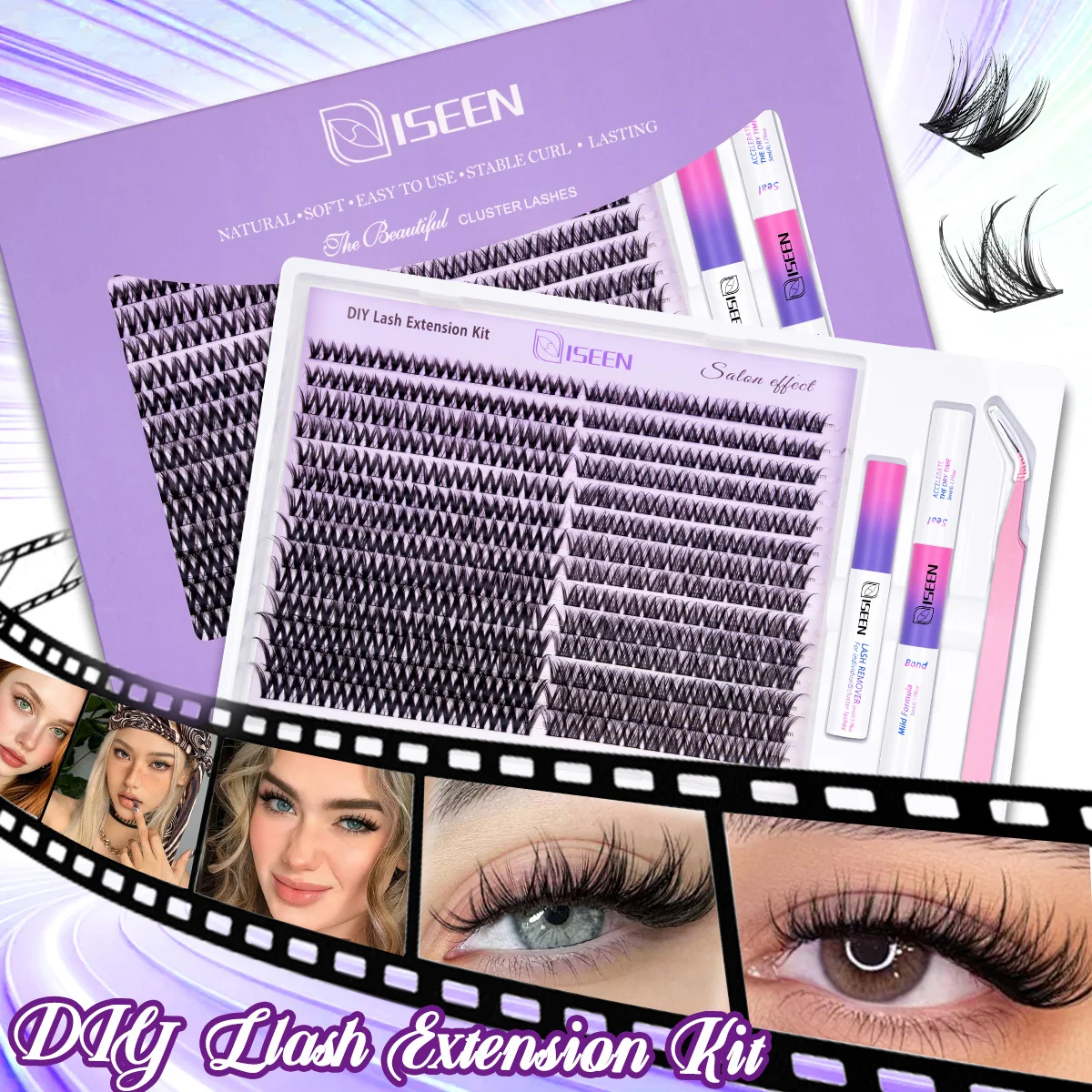 Wimpern-Cluster-Set: Manga Fairy Einzelwimpern, Wispy Cluster Wimpernverlängerungen mit Bond & Seal und Wimpernpinzette – Detail 4