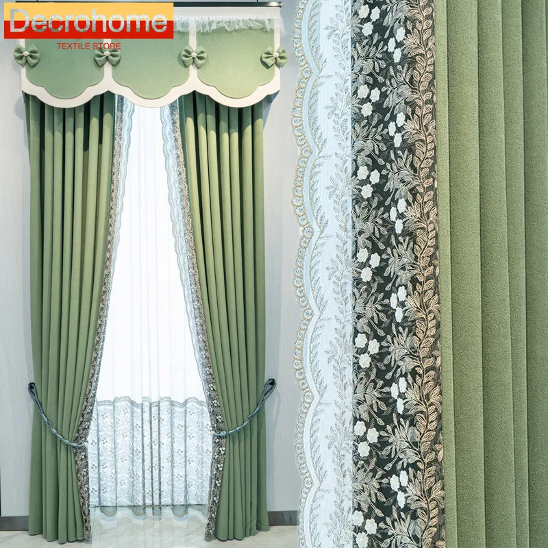 

Green Pastoral Embroidered Window Screen Splicing Thickened Chenille Curtains for Living Room Bedroom Floor Customization