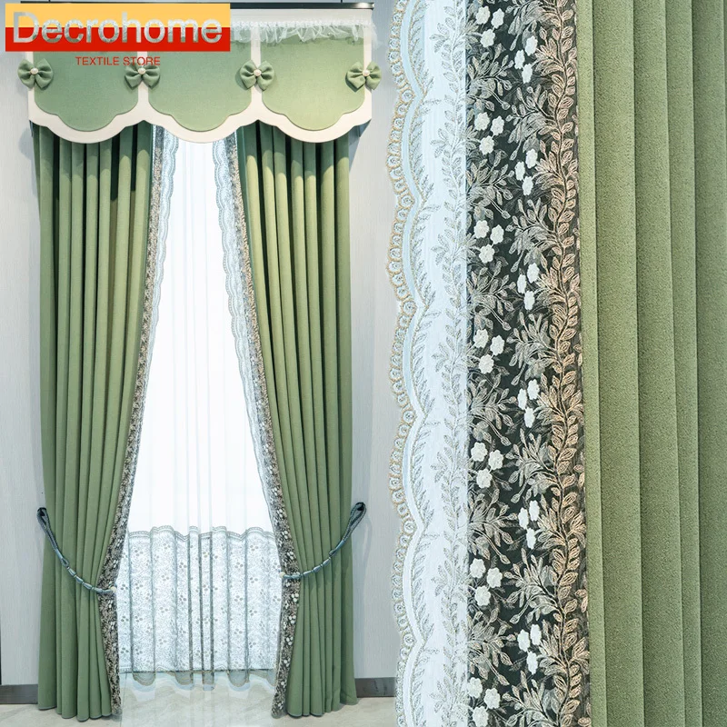 Green Pastoral Embroidered Window Screen Splicing Thickened Chenille Curtains for Living Room Bedroom Floor Customization