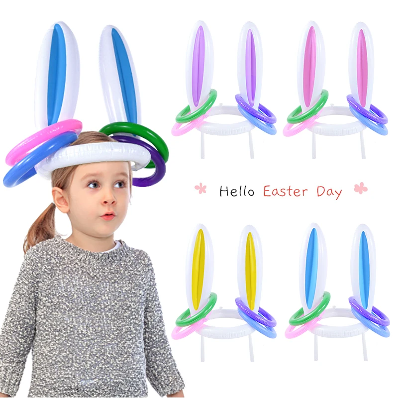 Easter Party Game Inflatable Rabbit Ear Hat Ring Toss 2024 Easter Decoration Kids Bunny Ear Shape Spring Outdoor Inflated Toy