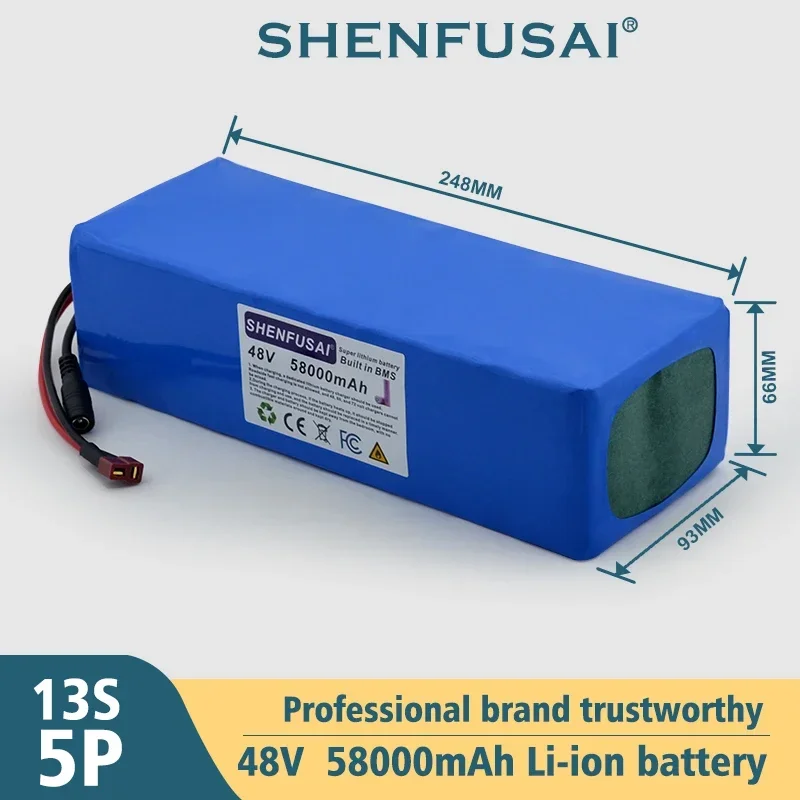 2024 New 18650 lithium battery pack, 48V/58Ah 13S5P with 54.6V 2A charger, suitable for bicycles, scooters and bicycles