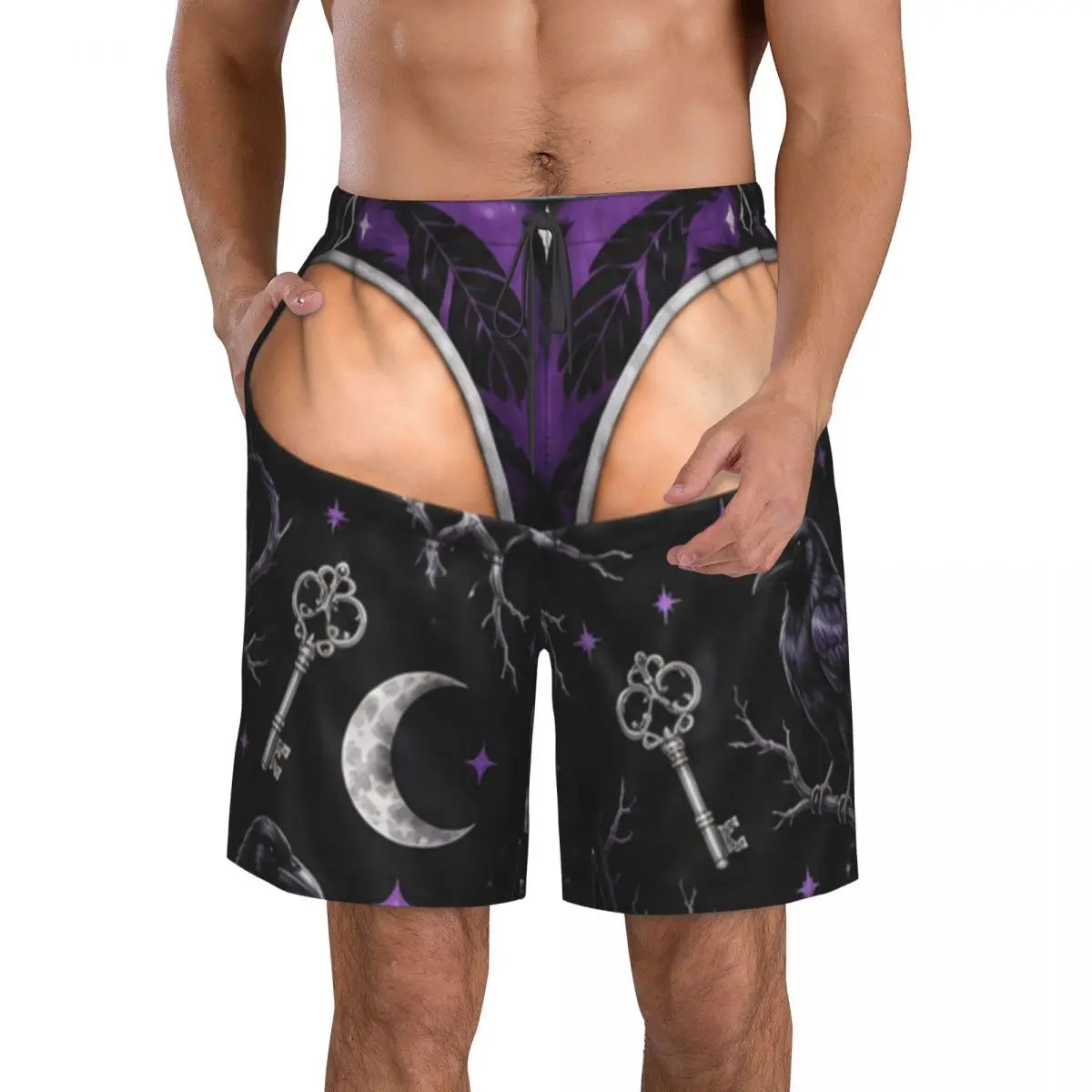 Men's Funny Sexy Halloween Spider Web Spooky Gothic Raven  Swim Trunks Hawaiian Bathing Mesh Lining Suit Swimsuits Beach Shorts