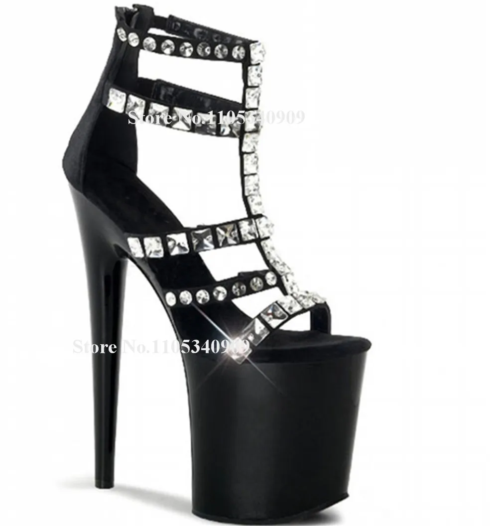Bondarenko Rhinestones Straps Cross Stiletto Heel Sandals Black T-straps Crystals High Platform 20cm Thin Heel Dance Shoes
