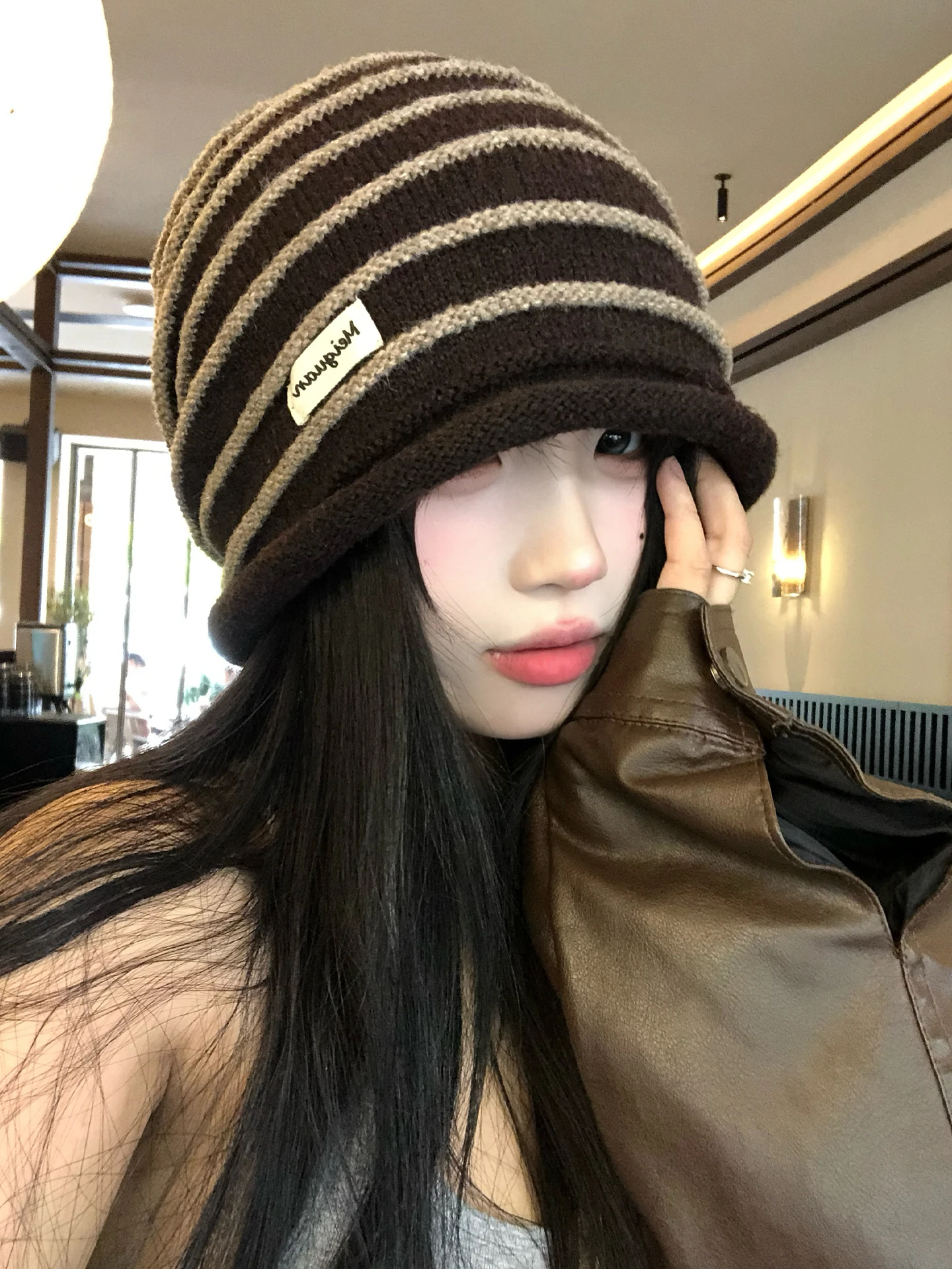 Coffee Brown Retro Striped Letter Patch Knitted Hat Women's Autumn Large Head Size Face Slimming Cool Cold Cap Casual Style