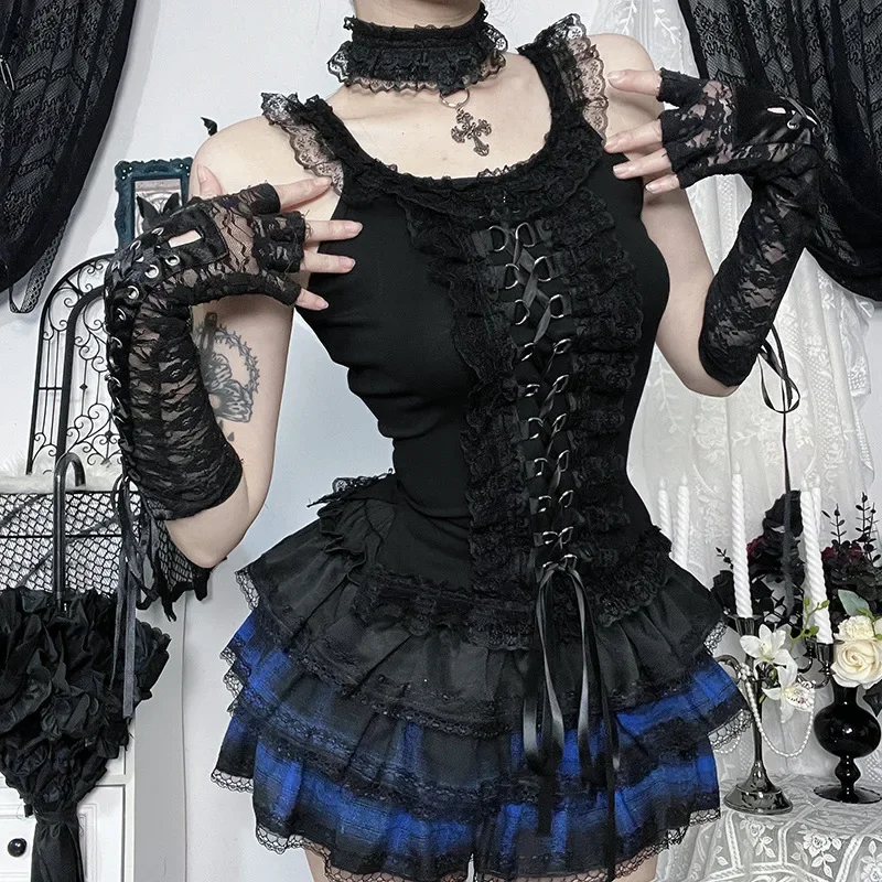 

2025 New Vintage Dark Teachwear Fairycore Lace Patchwork Straps Skinny Tank Top Y2K Mall Gothic Bandage Camisole Women Punk Vest