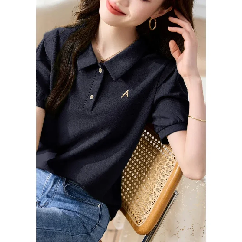 Women's Clothing Solid Color Summer Letter Embroidery Short Sleeve Peter Pan Collar T-shirt Formal Pullover All-match Tops