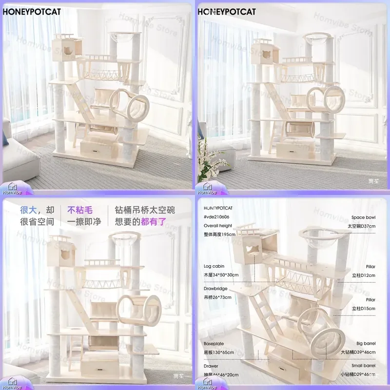 Large Cat Tree Tower Solid Wood Multi Level Cat Climbing Frame Castle with Nest Scratching Post Modern Pet Furniture House
