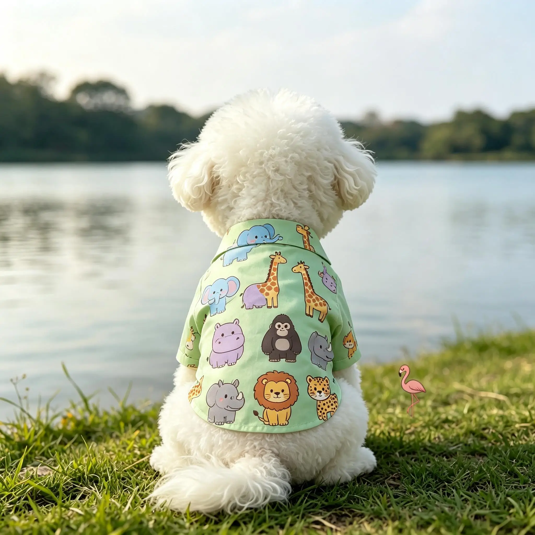 Pet Dog Shirt Light Blue Cartoon Wild Animal Print Breathable Button Up for Small Medium Dogs Cute Safari Theme Daily Wear