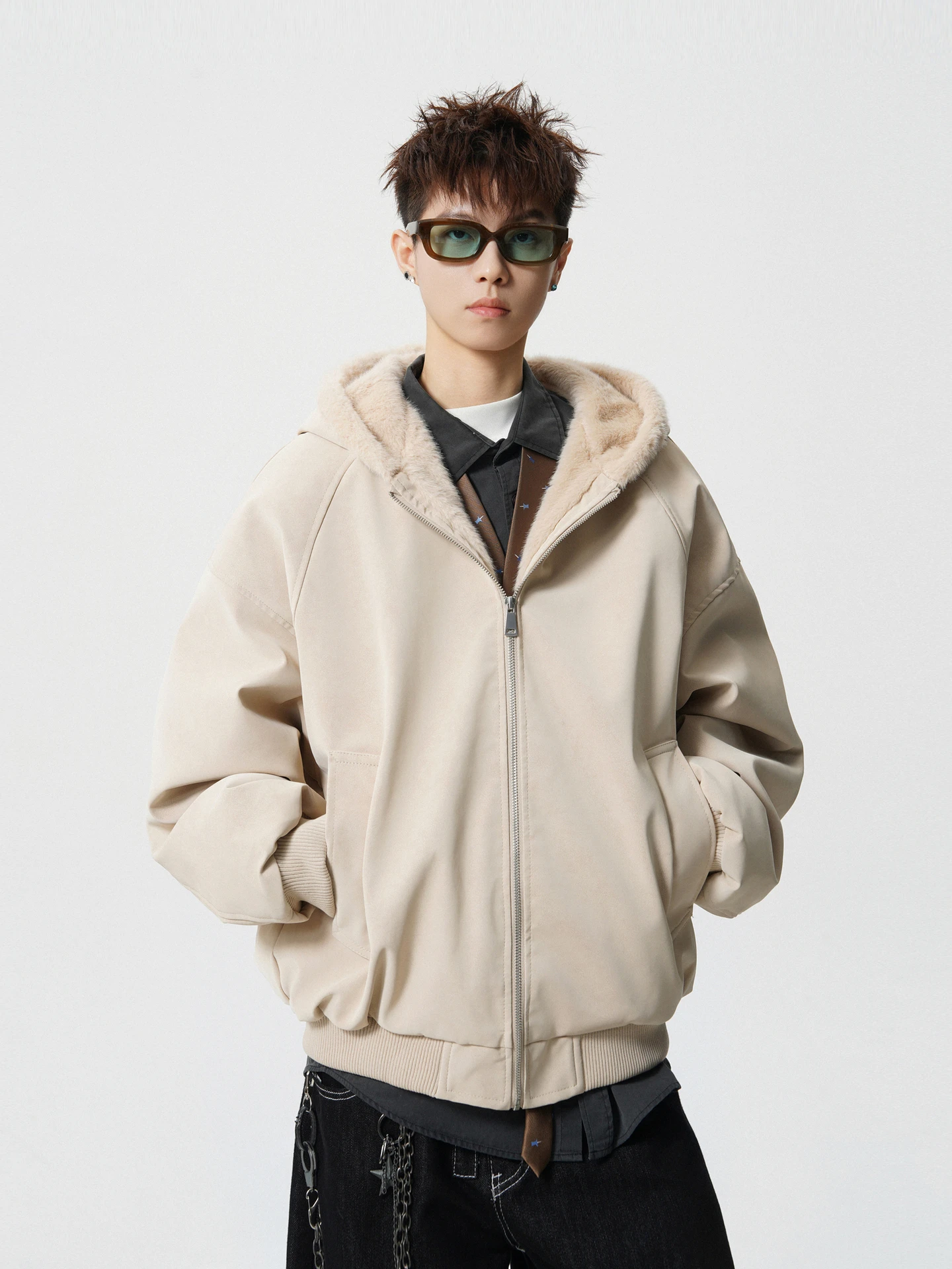 

Warm Thiened PU Leather Cotton Jaet Men's Winter Faion Brand Match Couples Mountain Eagle Pattern Zipper Closure Long S...