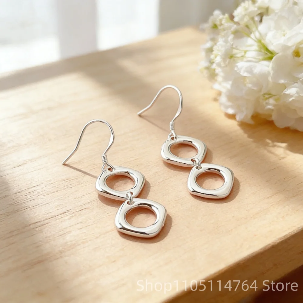 

925 Sterling Silver Geometric Double Hoop Earrings for Women Small Design Sense Long Earrings Fashion Simple Birthday Gift