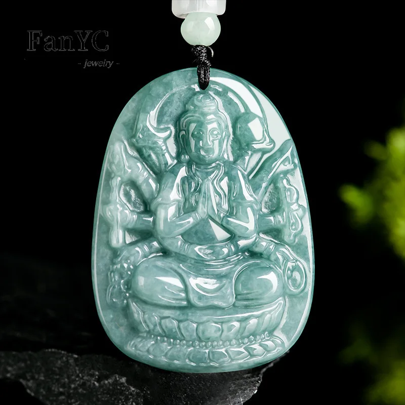 Myanmar Jadeite Blue Water Thousand Hands Guanyin Pendant Hand-carved Exquisite Fashion Ice Jade Necklace Men Women Holiday Gift