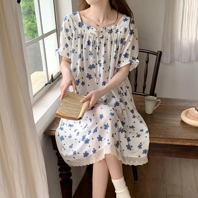 M-2XL vestido de pijama de talla grande para mujer, camisón versión coreana de verano, ropa de descanso de manga corta de algodón con nube, se puede usar en el exterior