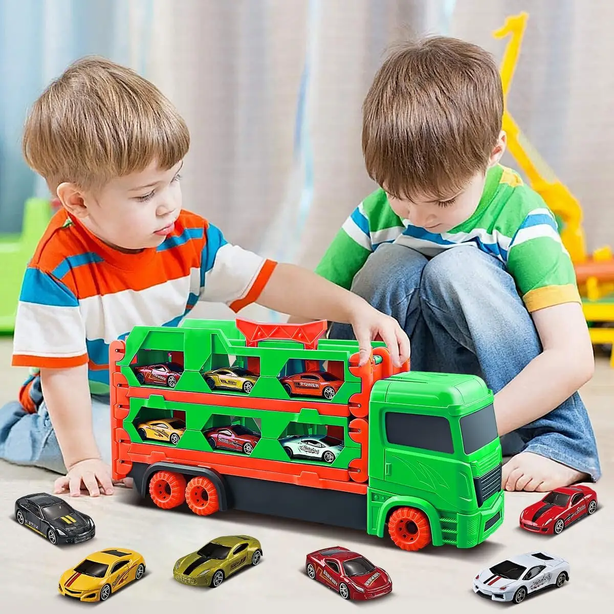 VATOS-camión expandible de 1,65 m, 6 coches de carreras de juguete para niños de 3 años o más, pista de transporte portátil, vehículo, juego de
