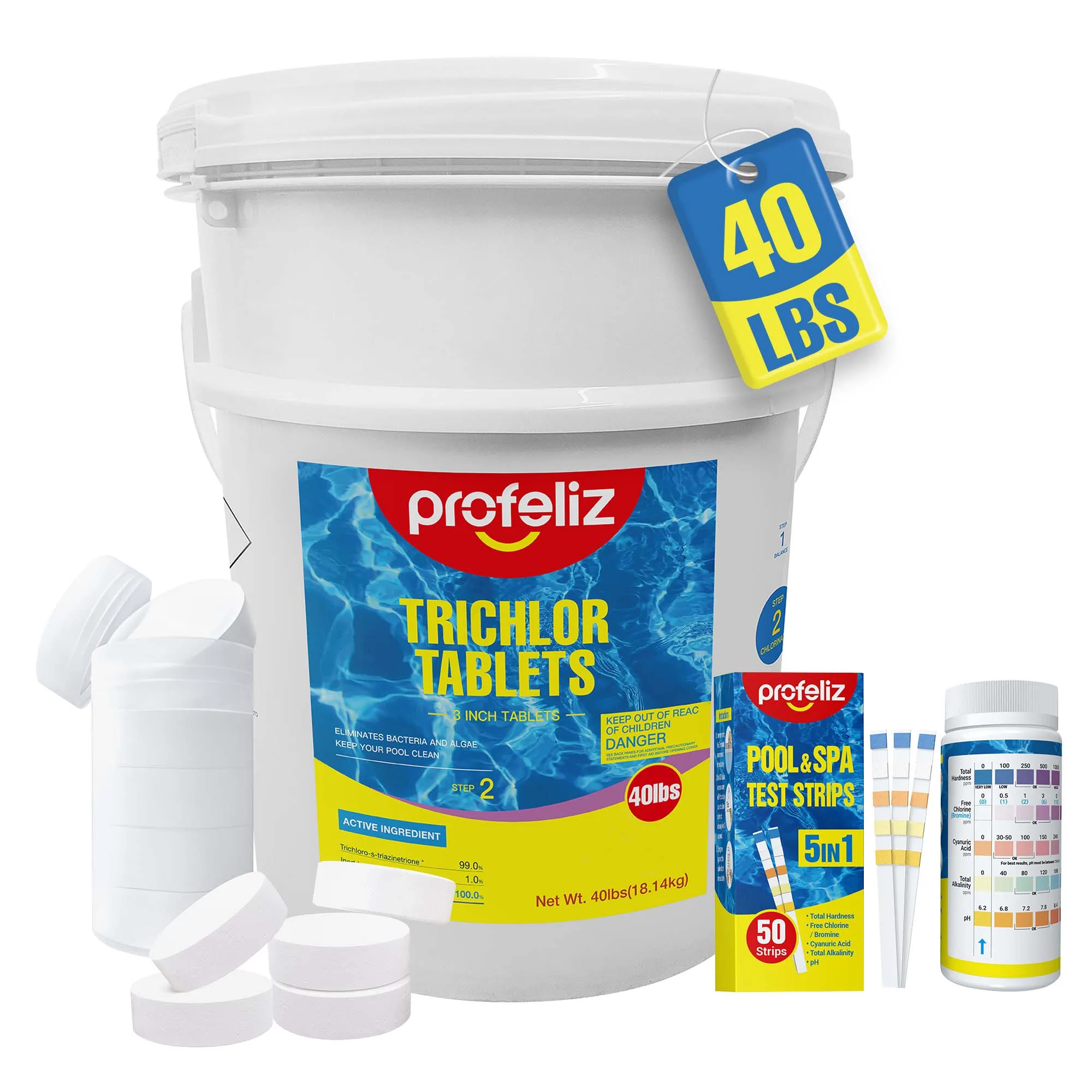 PROFELIZ Chlorine Tablets 3 Inch, 40lb & Test Strips Kit Exclusive Packaging | Chlorine Tablets 99% Trichlor Slow Dissolving Sanitizer, Chlorine Tabs Pool Supplies for Inground & Above Ground Pools