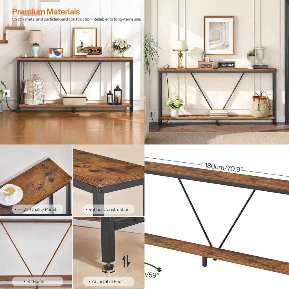 

70.9 Long Sofa Table with Charging Station, 2-Level Console for Narrow Spaces, Rustic Brown