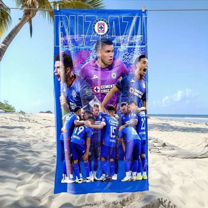 Azul Cruz Soccer Player Beach Towel Fast-Dry,Soft & Absorbent Polyester Blend,Blue Jersey Design with Victory Celebration Scene