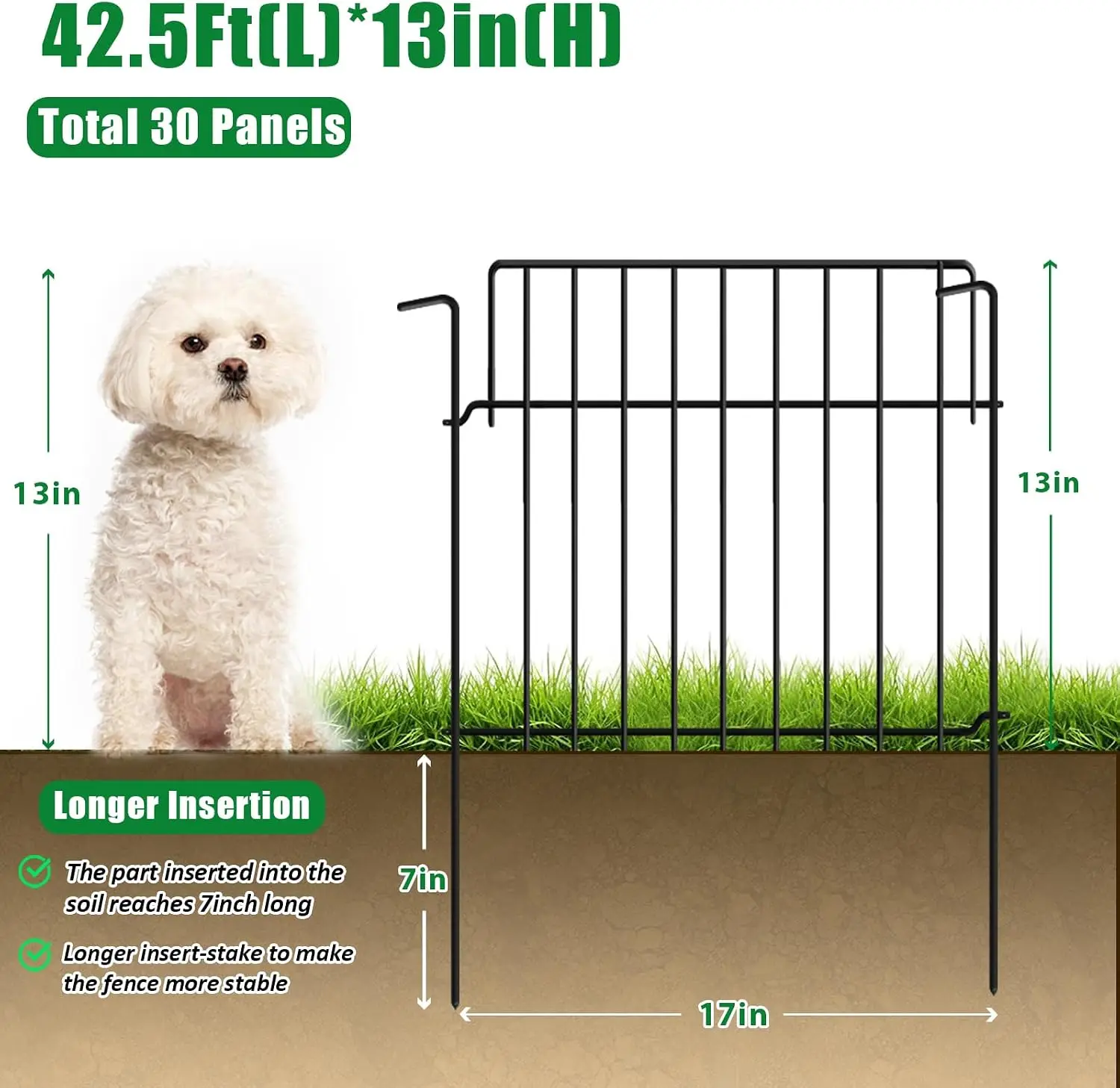 42.5Ft (L) x 20in (H) Decorative Garden Fence 30 Pack Metal Wire Rustproof Small Animal Barrier Fence 1.55