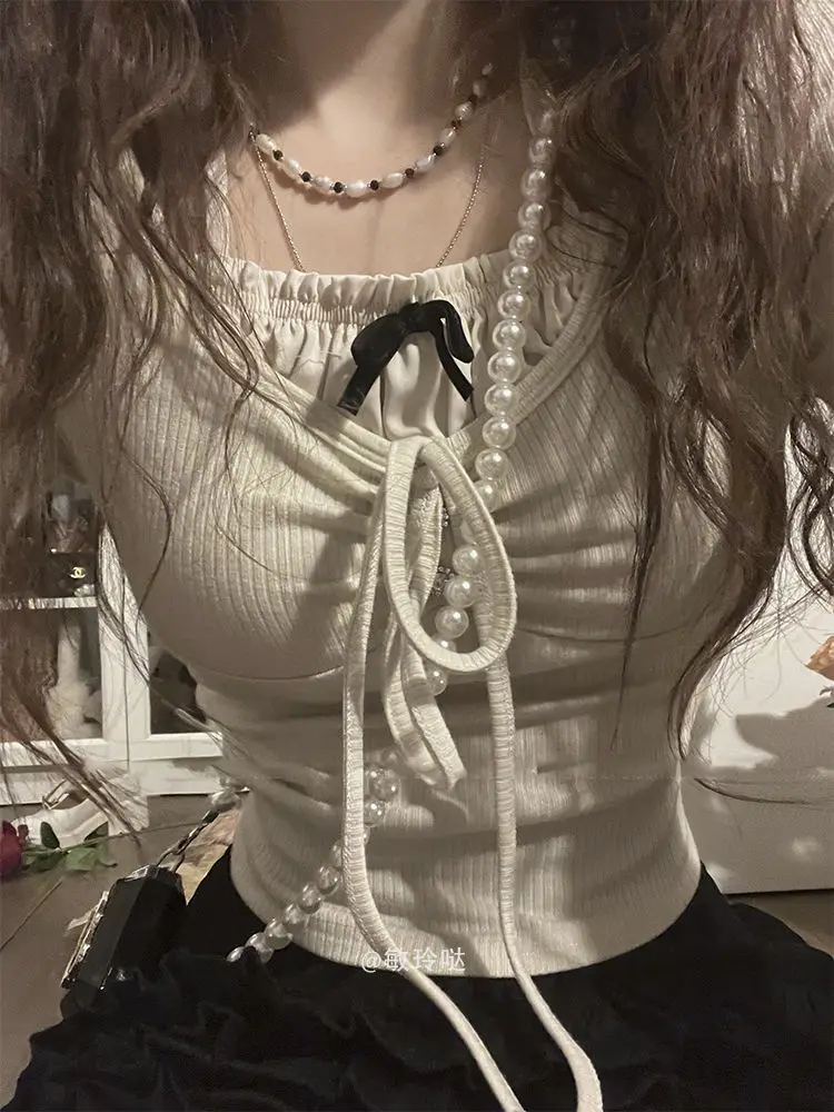 

Summer Kawaii Sweet Y2k Crop Tops Woman Casual Slim Long Sleeve Blouse Solid Korean Fashion Bodycon Pullover Office Lady