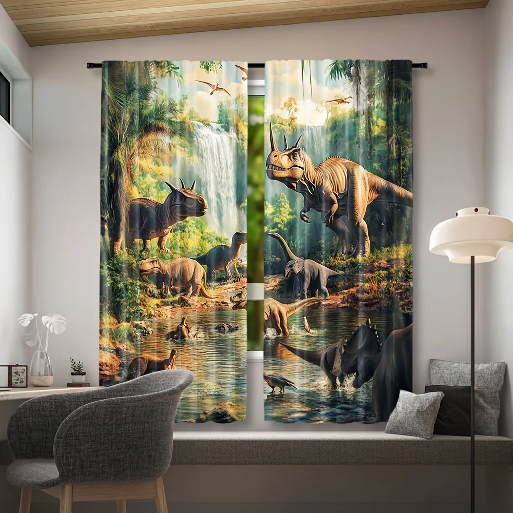Dinosaur Jungle Safari Curtains Waterfall Kids Room Decor Tropical Jurassic Park Print Nursery Window Drapery